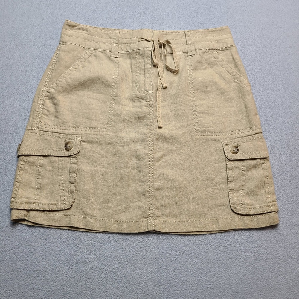 Ann Taylor Cargo Skirt Womens 4 Tan Linen Utility Mini Drawstring Pocket - Picture 1 of 6